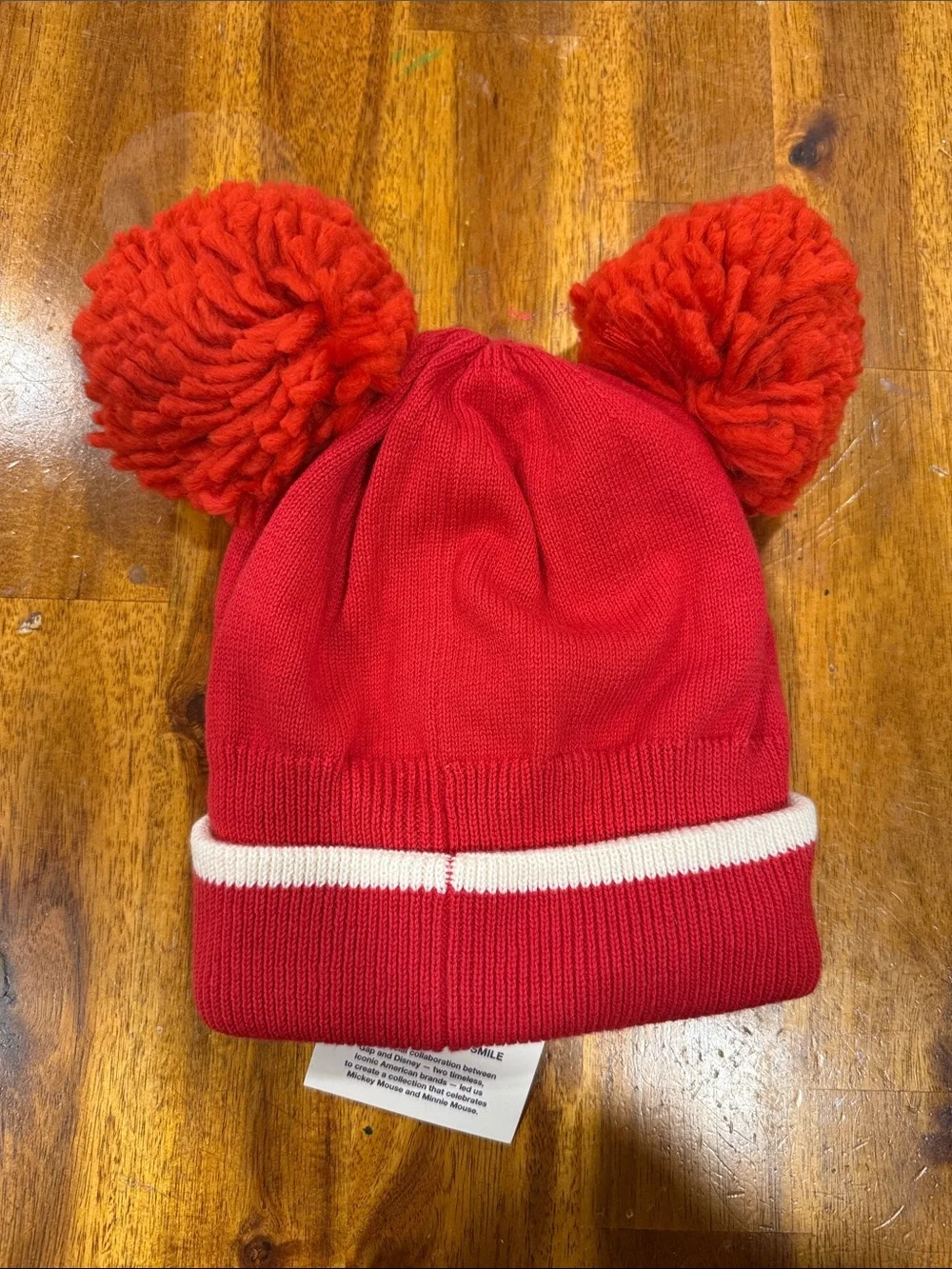 Gap x Disney Red Beanie Hat with Black Mickey & White Accent Pom Pom Ears